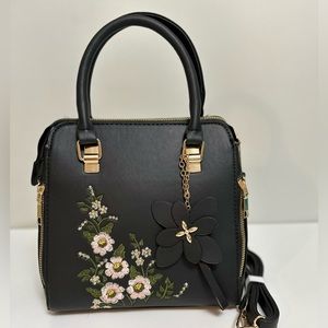 Floral Black Embroidery Satchel Bag
